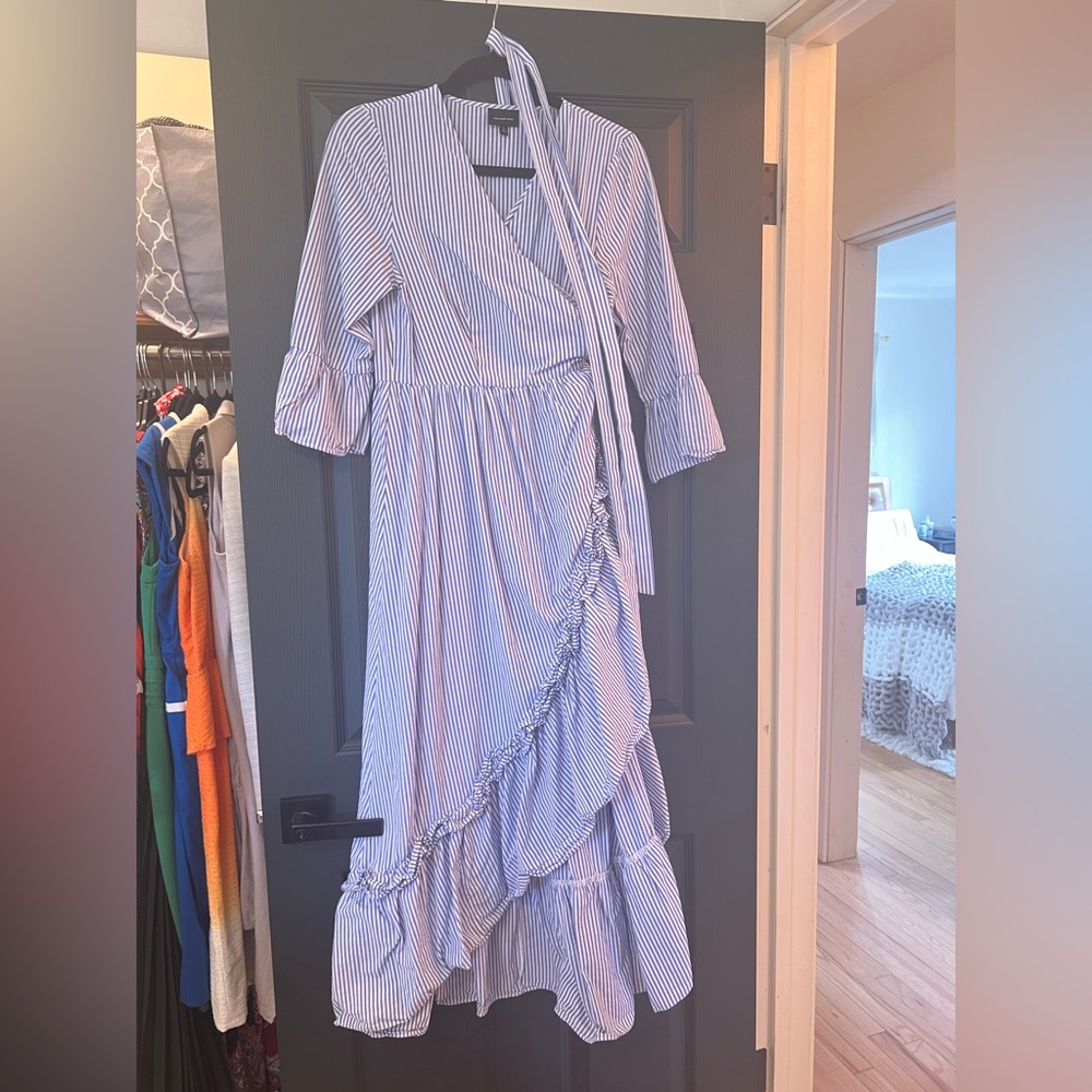 Zara Blue and White Striped Wrap Midi Dress with Ruffle Hem